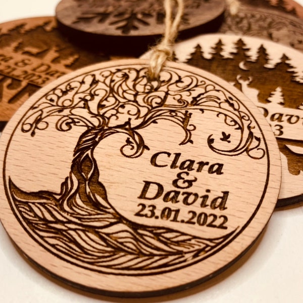 Custom Engraved Wedding Favors - Baltic Birch Plywood, 7cm, Choice of Colors & Designs - Laser Engraved with String Included