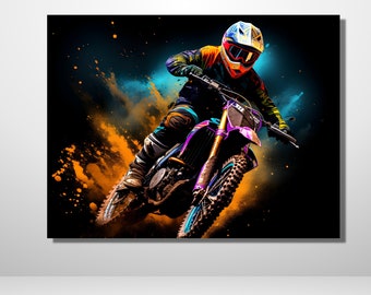 May include: A motocross rider in a colorful helmet and racing gear jumps a dirt bike over a dirt track. The rider is silhouetted against a black background with orange and blue splashes of color.