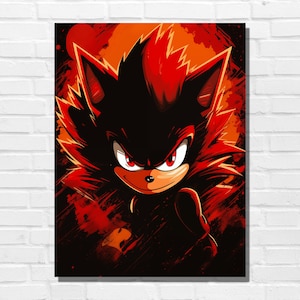 May include: A digital illustration of a red and black hedgehog character with a menacing expression. The character is set against a red and orange background with a grunge effect.
