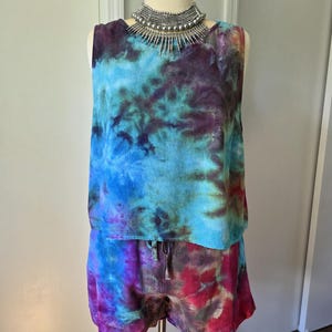 Tie Dye Linen Matching Set: Rainbow Ice Dye, Boho Hippie Outfit (XXL)