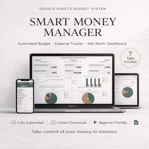 Może przedstawiać: Cyfrowy system zarządzania finansami wyświetlany na laptopie, tablecie i smartfonie. Ekran pokazuje wykresy i dane, z tekstem "SMART MONEY MANAGER" u góry. System jest w pełni zautomatyzowany i przyjazny dla początkujących.