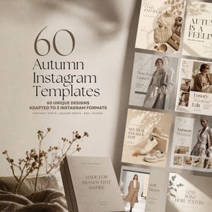 Puede incluir: Una colección de 60 plantillas de Instagram para otoño en tonos beige neutros con tipografía minimalista. El conjunto incluye varios diseños para publicaciones verticales, cuadradas y portadas de reels, mostrando moda y estilo.
