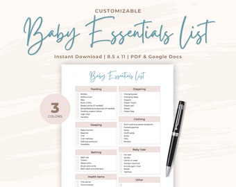 May include: A printable checklist for baby essentials, with categories for feeding, diapering, clothing, sleeping, bathing, baby gear, health items, and other. The checklist is in a light pink color scheme with a blue title and a black pen.