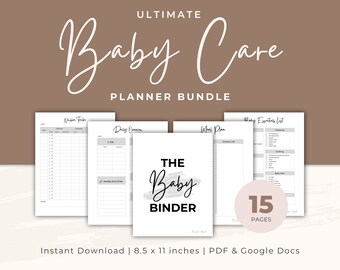 May include: A printable baby care planner bundle with 15 pages. The bundle includes a daily routine planner, a feeding tracker, a what plan, and a baby essentials list. The planner is designed to help parents organize and track their baby's care.