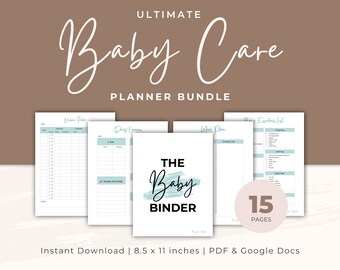 May include: A printable baby care planner bundle with 15 pages. The cover features a light blue and white design with the text "The Baby Binder". The bundle includes a daily routine planner, a what plan, a nursing tracker, and a baby essentials list.