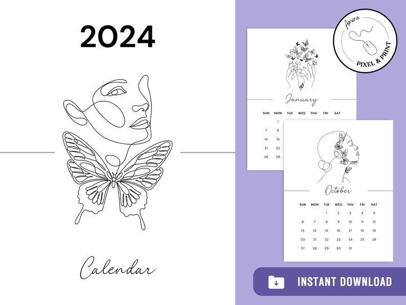 Printable 2024 Calendar Fluttering Elegance Butterflies & Etsy