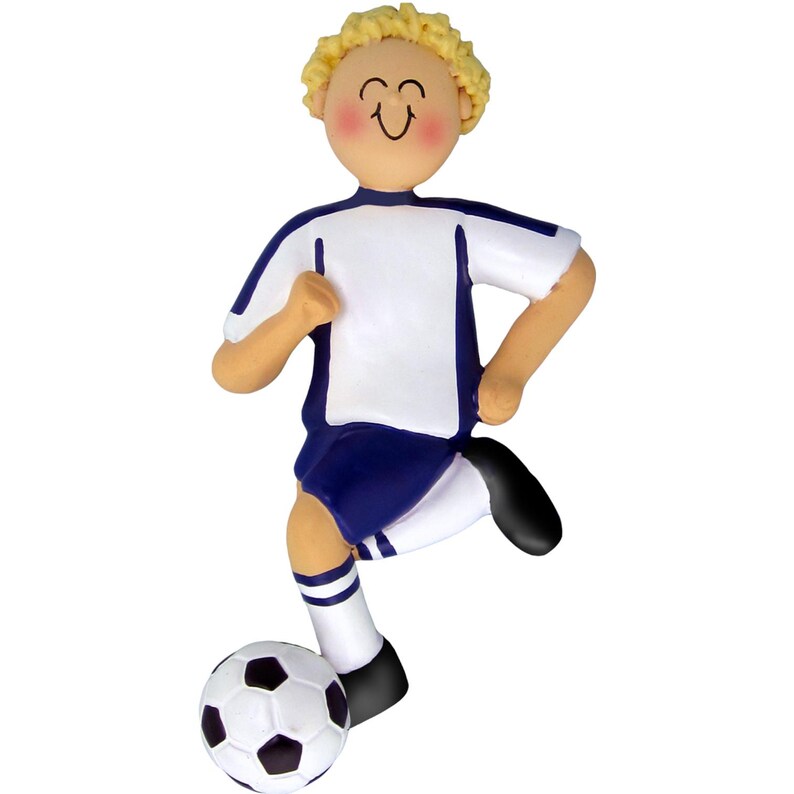 Soccer Ornament, Blue Uniform. Male & Female. Hair Color Choice