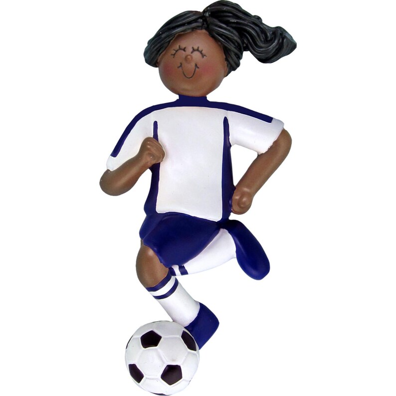 Soccer Ornament, Blue Uniform. Male & Female. Hair Color Choice