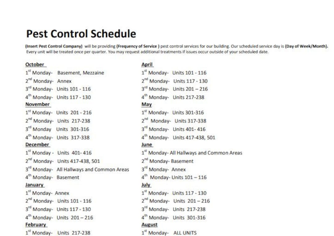 Property Management Pest Control Schedule - Etsy