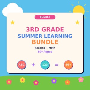 May include: A digital educational resource titled 3RD GRADE SUMMER LEARNING BUNDLE, featuring Reading + Math and 80+ Pages. The graphic includes icons for ABC, 123, and 80+ against a blue sky with a sun, cloud, and green grassy field with flowers.