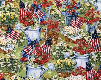 Patriotic Garden Fabric by the Yard | American Flag Cotton Fabric | Red White Blue Floral Fabric | Summer Garden Quilt Fabric | 44 Inch Wide