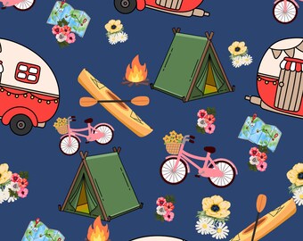 Retro Camping Fabric - Campers, Tents, Kayaks & Wildflowers, Royal Blue, Quilting Fabric