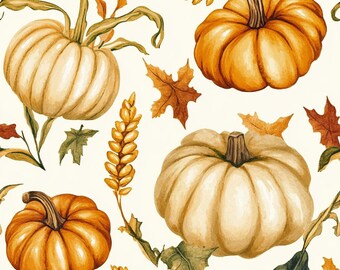 Harvest Pumpkins Wheat Leaves Cotton Fabric | Thanksgiving Autumn Quilting By Yard