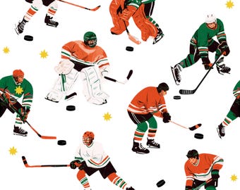Hockey Fabric by the Yard | Illustrated Hockey Players Goalies Pucks in Green and Orange | Sports Sewing Fabric