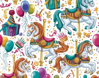 Carousel Horse Birthday Fabric | Balloons Gifts Confetti Rainbow on White | Quilting Cotton | By the Yard