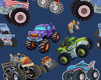 Monster Truck Fabric by the Yard | Cartoon Trucks Big Wheels Flames | Kids Cotton Sewing Fabric- Navy