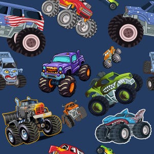May include: A seamless pattern on a dark blue background featuring various monster trucks with oversized tires. The designs include a red truck with flames, a purple truck with a toothy grille, a green beast-like truck, and a shark-themed vehicle.