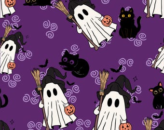 Halloween Fabric by the Yard | Ghost Witches and Black Cats with Magic Swirls | Purple Fabric