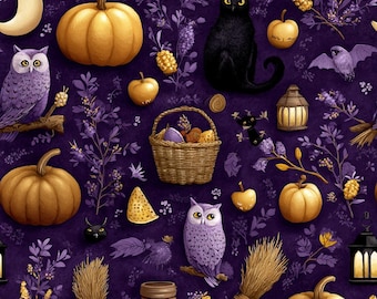 Purple Halloween Fabric, Vintage Pumpkin Owl Cat Quilting Cotton, Heritage Halloween Print, Sewing Fabric