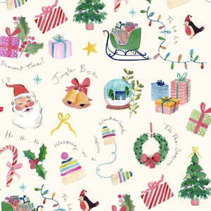 Vintage Jingle Bells Santa Winter White Christmas Fabric