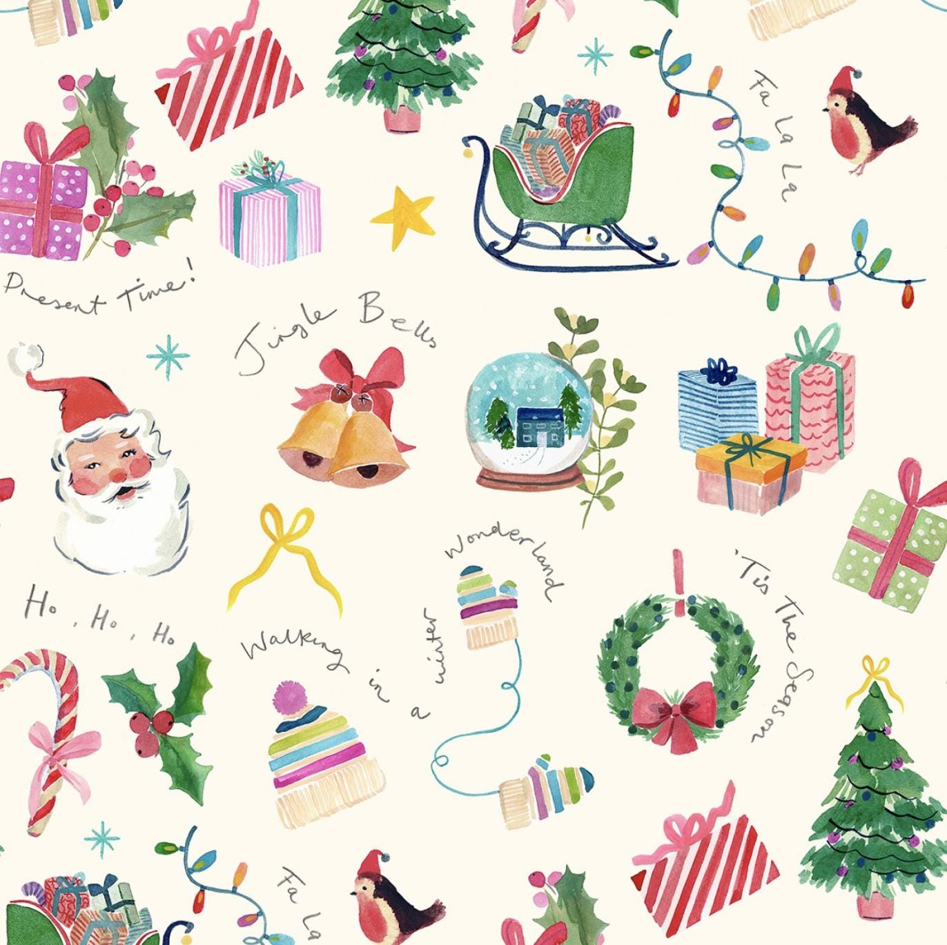 Vintage Jingle Bells Santa Winter White Christmas Fabric