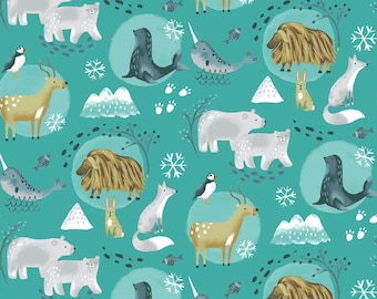 Polar Bear Pals Flannel Fabric in Narwhal Teal Pajama