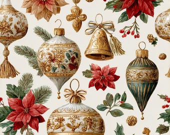 Formal Ornament Christmas Fabric on Cream, Elegant Ornament Poinsettia Quilting Cotton, Ivory Linen or Cotton