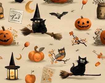 Vintage Halloween Fabric By the Yard, Antique Postcard Pumpkin Witch Cat Quilting Cotton, Print