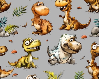 Baby Dinosaurs Fabric - Watercolor T-Rex, Triceratops & Ferns, Silver Gray, By the Yard