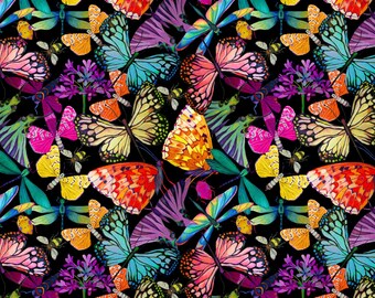 Black Fabric for Quilting Colorful Bee Fluttering Butterflies
