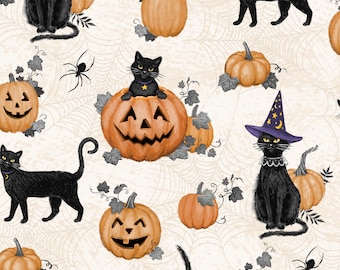 Cream Cats & Pumpkins Halloween Fabric By the Yard