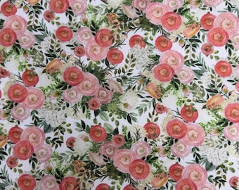 Coral Pink Floral Fabric, Watercolor Ranunculus Rose Quilting Cotton, Cottage Garden Print, Fabric by the Yard
