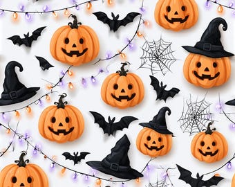 Halloween Fabric, Jack O Lantern Pumpkin Bats Witch Hat Print, Cartoon Quilting Cotton