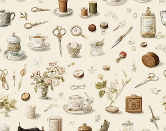Vintage Sewing Room Fabric, Victorian Sewing Notions, Quilting Cotton, Small Print Fabric, Teacup Print, Quilter Gifts