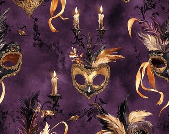 Vintage Halloween Masquerade Fabric | Masks Feathers Candles Purple Gold | Quilting Cotton | By the Yard