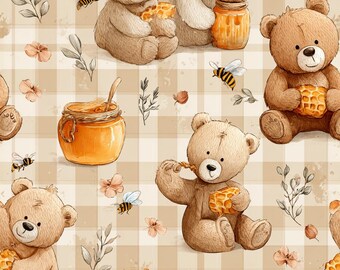 Teddy Bear Fabric | Bears Bees on Tan Gingham | Baby Quilting Cotton | FabricBy the Yard