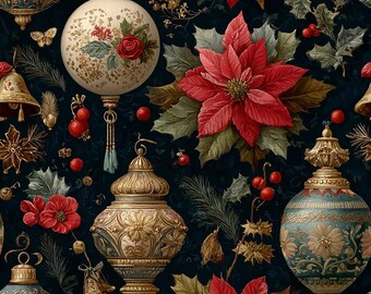 Black Christmas Fabric, Elegant Ornament Poinsettia Quilting Cotton, Grand Drawing Room Gold Christmas Print| Fabric By the Yard, Linen