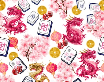 Pink Mahjong Dragon Fabric - Cherry Blossom, Lanterns & Gold Coins, By the Yard