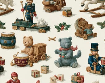 Vintage Christmas Fabric | Teddy Bears Toy Soldiers, Rocking Horses on Cream | Quilting Cotton | By the Yard