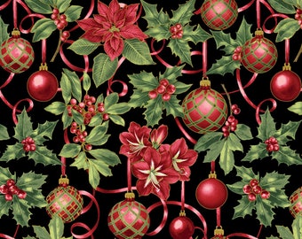 Black Holiday Fabric Red Botanical Christmas Fabric