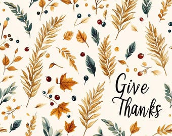 Give Thanks Fabric | Autumn Wheat and Leaves Script on Cream | Thanksgiving Quilting Cotton | By the Yard