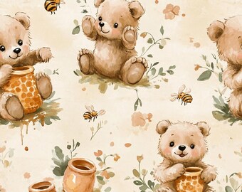 Soft watercolor teddy bears with honey pots bees and florals on warm cream. Gentle nursery pattern for quilting and decor.