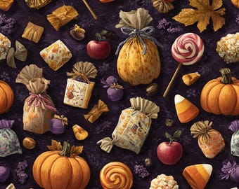 Vintage Halloween Fabric By the Yard, Candy Purple Orange Gold Black Fabric | Quilting Cotton