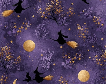 Halloween Fabric Cotton, Purple Fabric, Gold Moon Witch Quilting Cotton, Magical Night Sky Print, Halloween Fabric by the Yard