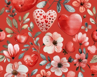 Quilting Fabric Sweet Hearts| Valentine Watercolor | Pink Anemone Florals on Red