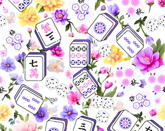 Hand-Painted Floral Mahjong Cotton Fabric: Purple, Pink, Quilting Fabric (By the Yard) 721