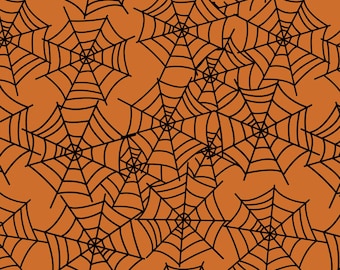 Orange Scattered Spider Web Halloween Fabric