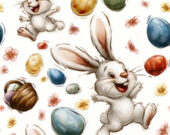 Easter Bunny Fabric - Hand-Painted Eggs, Basket & Florals, By the Yard