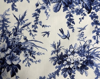 Blue and White Floral Fabric, Vintage Toile Style Quilting Cotton, Fabric by the Yard, Heritage Chinoiserie Cotton