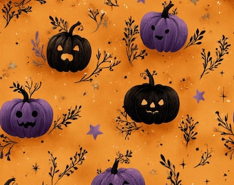 Halloween Pumpkin Fabric, Purple Black Orange Quilting Cotton, Vintage Jack O'Lantern Print, Fabric By the Yard